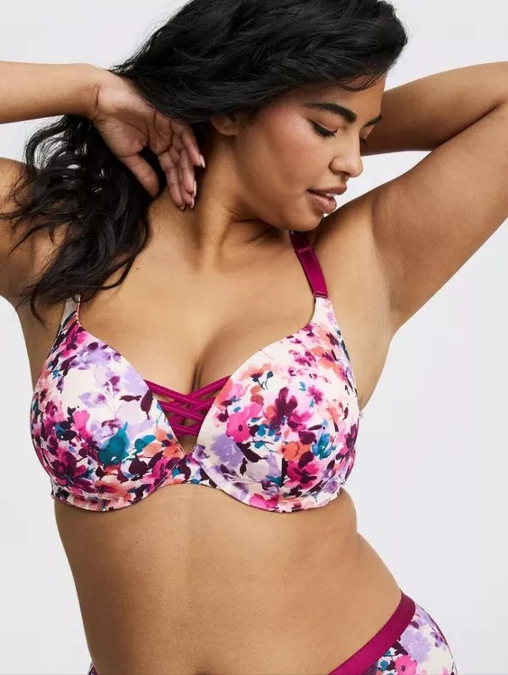 Torrid XO Plunge Push-Up Print 360° Back Smoothing Bra Underwire Sz 38DD Cream